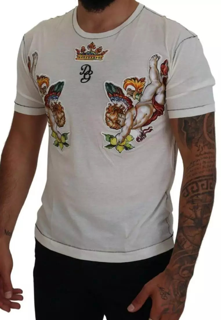 Dolce & Gabbana White Printed Short Sleeves Men T-shirt