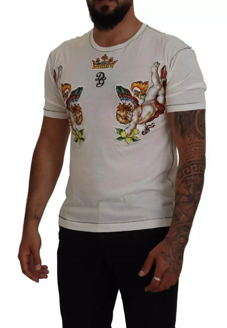 Dolce & Gabbana White Printed Short Sleeves Men T-shirt