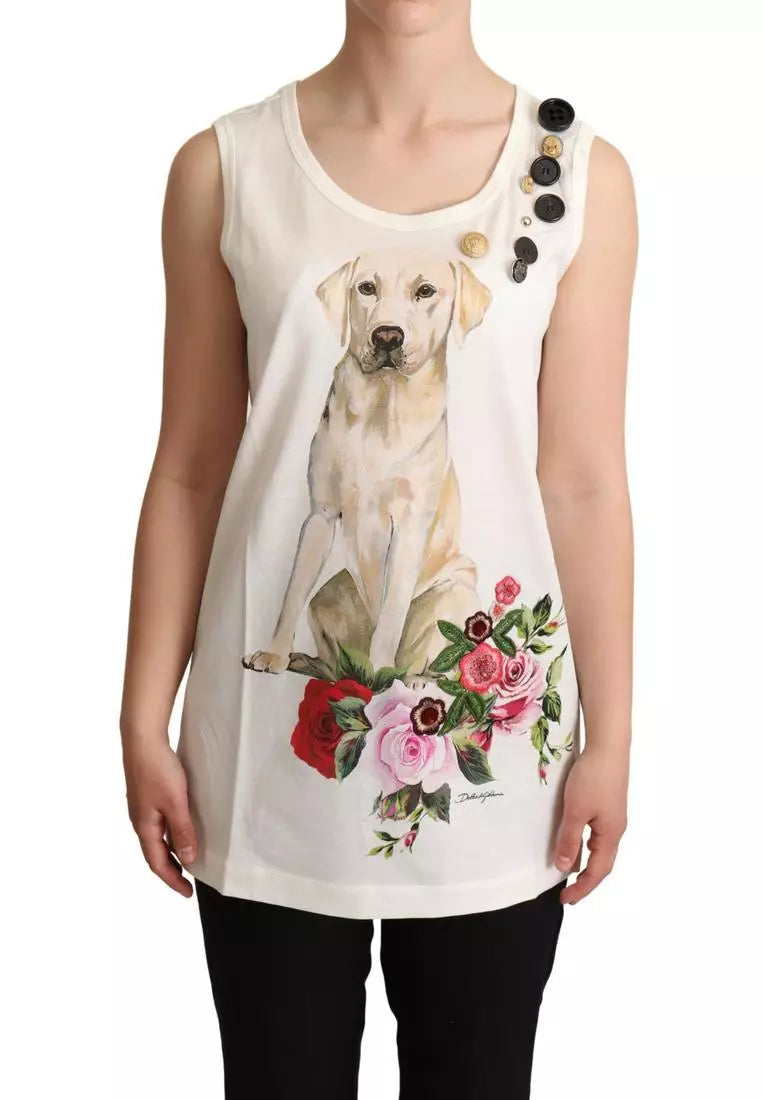 Dolce & Gabbana White Dog Floral Print Embellished T-shirt