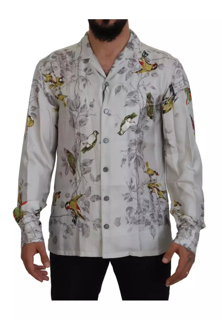 Dolce & Gabbana White Bird Print Silk Satin Casual Shirt