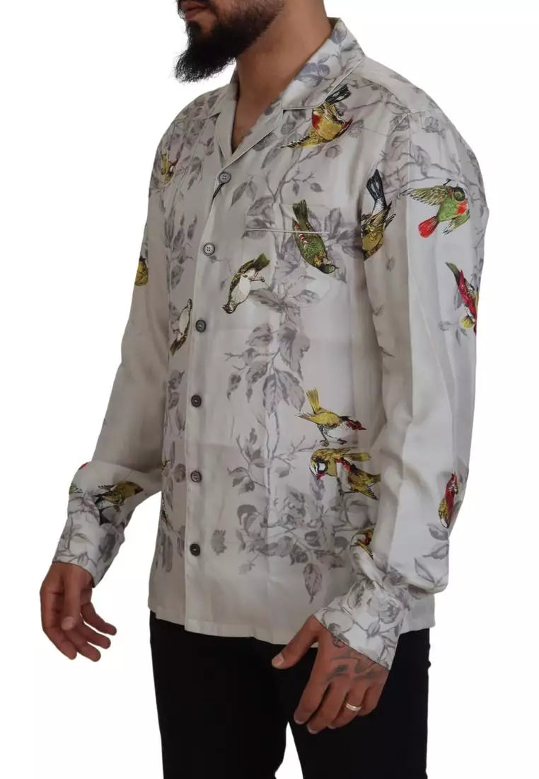 Dolce & Gabbana White Bird Print Silk Satin Casual Shirt