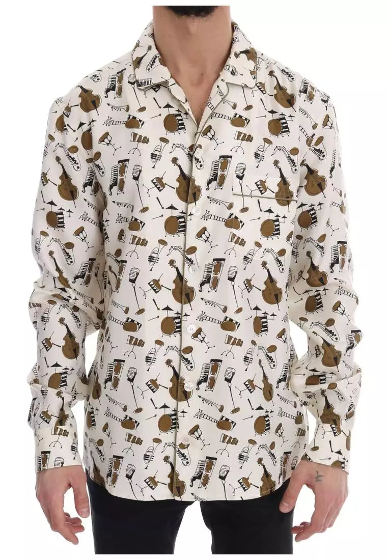 Dolce & Gabbana White Silk Jazz Motive Print Shirt