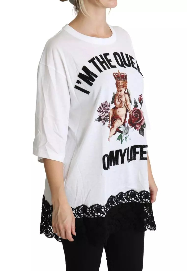 Dolce & Gabbana White Angel Print Cotton Round Neck Shirt Tops