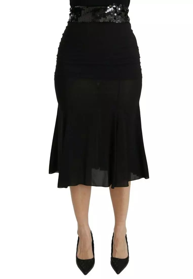 Dolce & Gabbana Black Mermaid High Waist Midi Silk Skirt