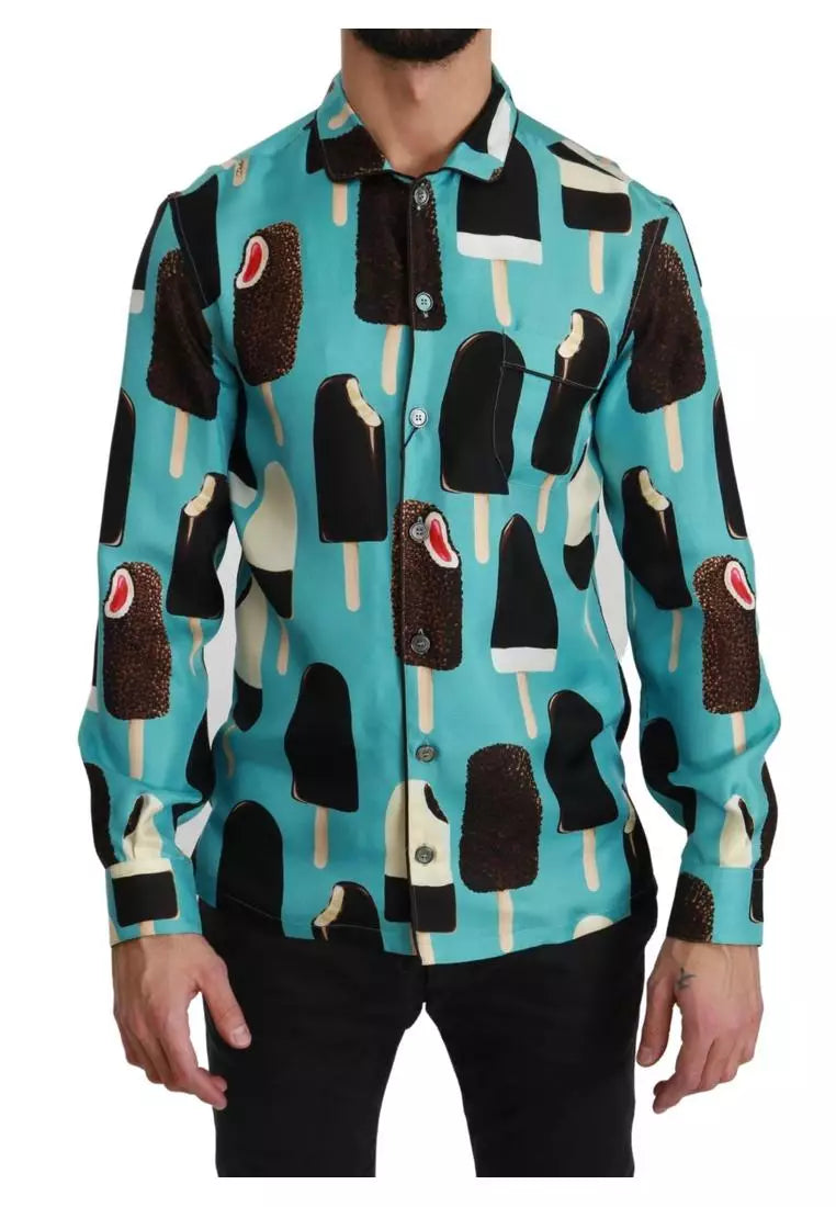 Dolce & Gabbana Blue Silk Ice Cream Print Casual Shirt