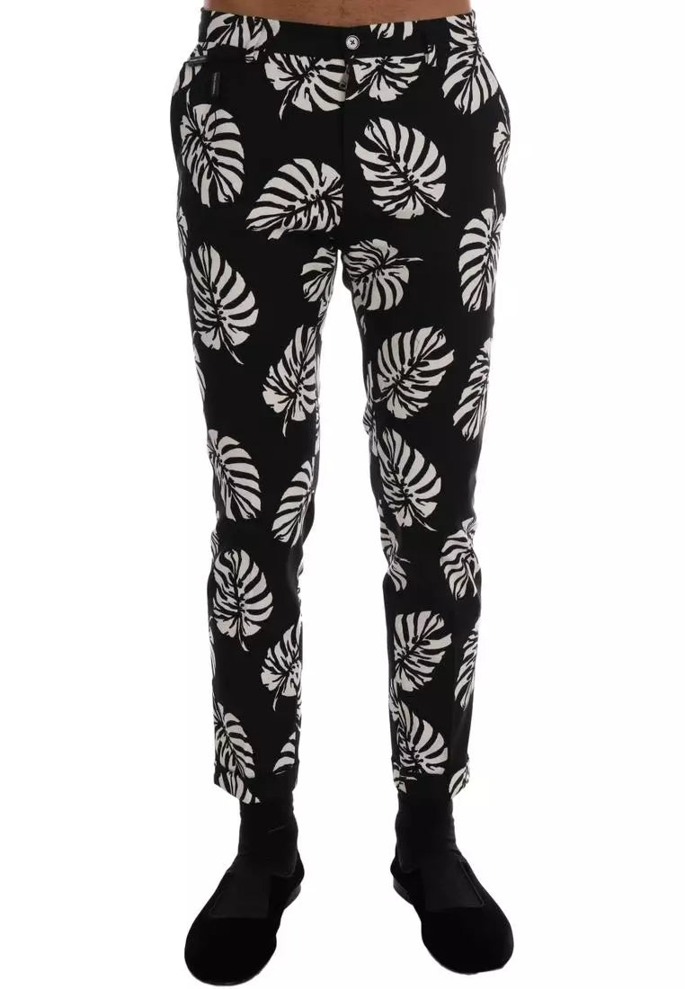 Dolce & Gabbana White Black Leaf Cotton Stretch Slim Pants