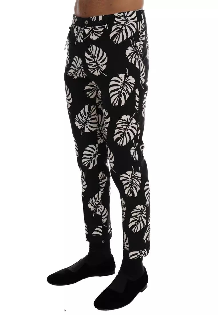 Dolce & Gabbana White Black Leaf Cotton Stretch Slim Pants