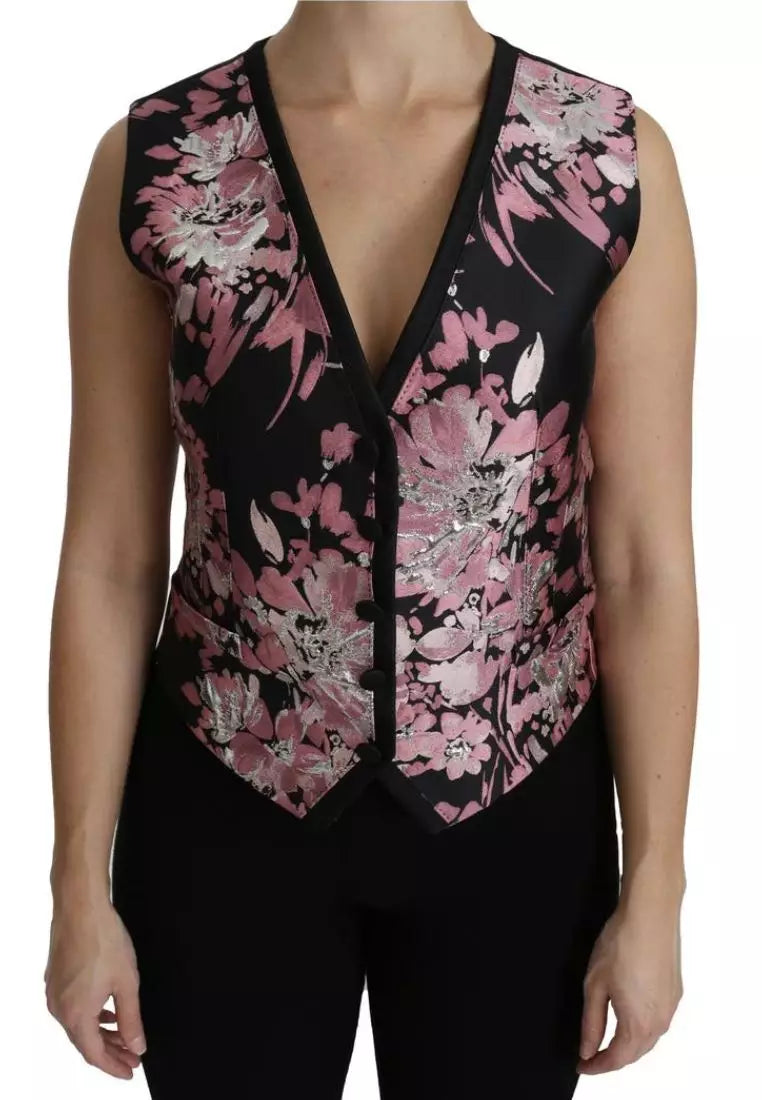 Dolce & Gabbana Black Pink Floral Waistcoat Vest Blouse Top