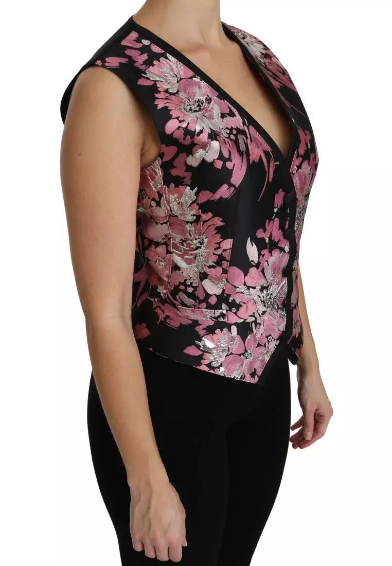 Dolce & Gabbana Black Pink Floral Waistcoat Vest Blouse Top